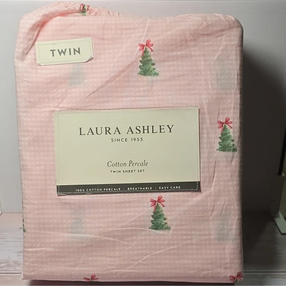 Laura Ashley 100% Cotton Percale Twin Sheet Set Pink Gingham Christmas